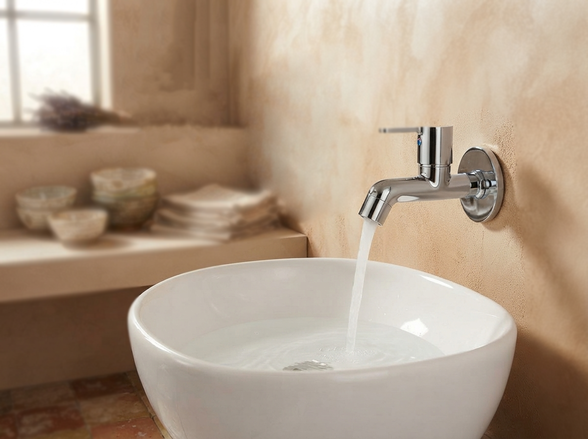 Chrome wall mounted faucet pouring water into a white ceramic basin