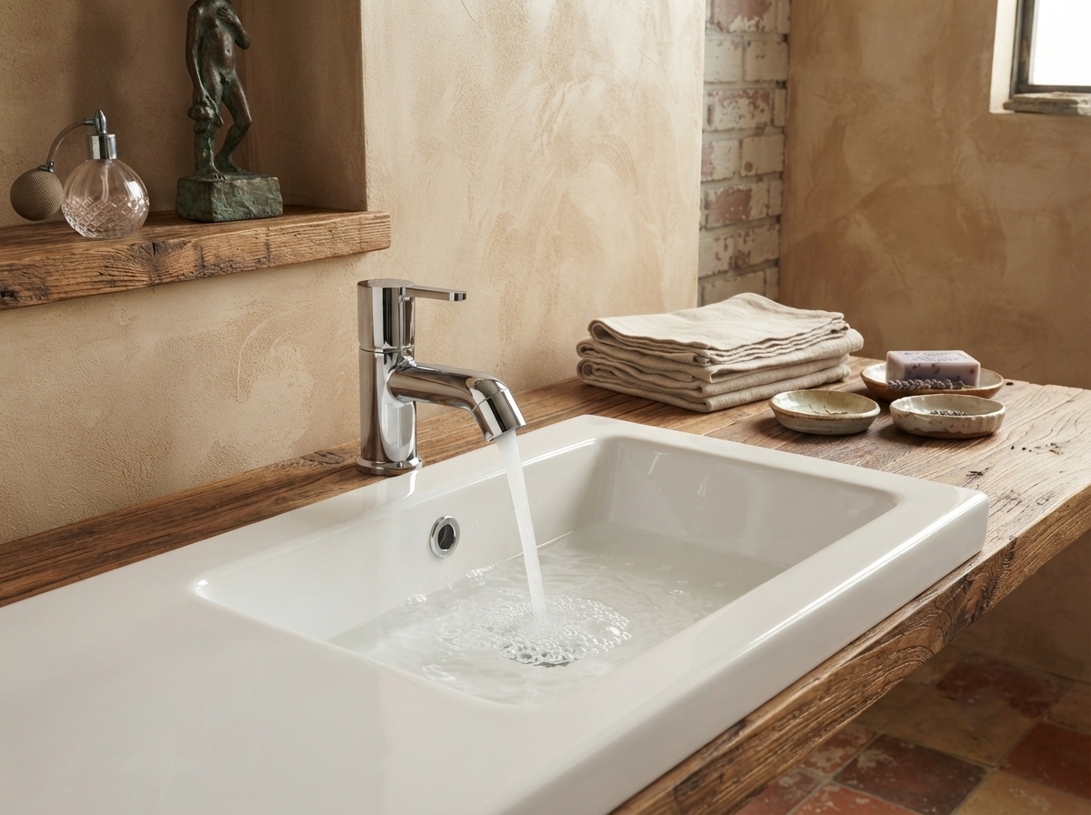 Chrome bathroom faucet running water into a white rectangular sink on a rustic wooden countertop