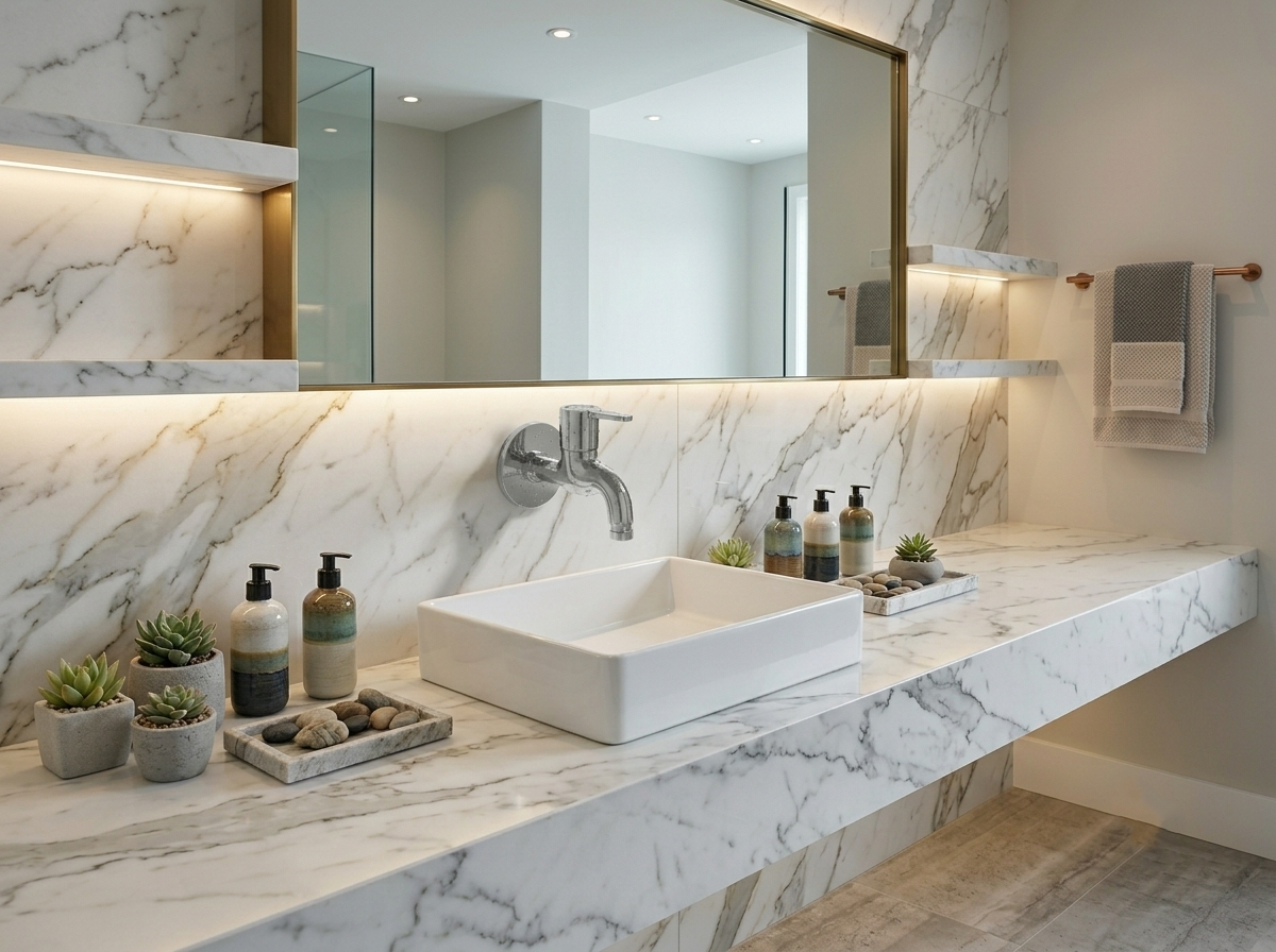 White marble bathroom vanity with rectangular sink and wall mounted faucet