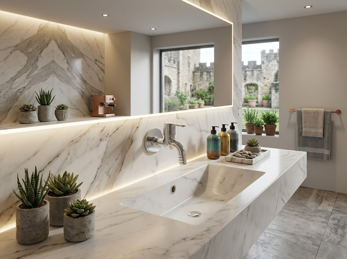 Marble bathroom vanity with integrated sink chrome faucet and potted succulents
