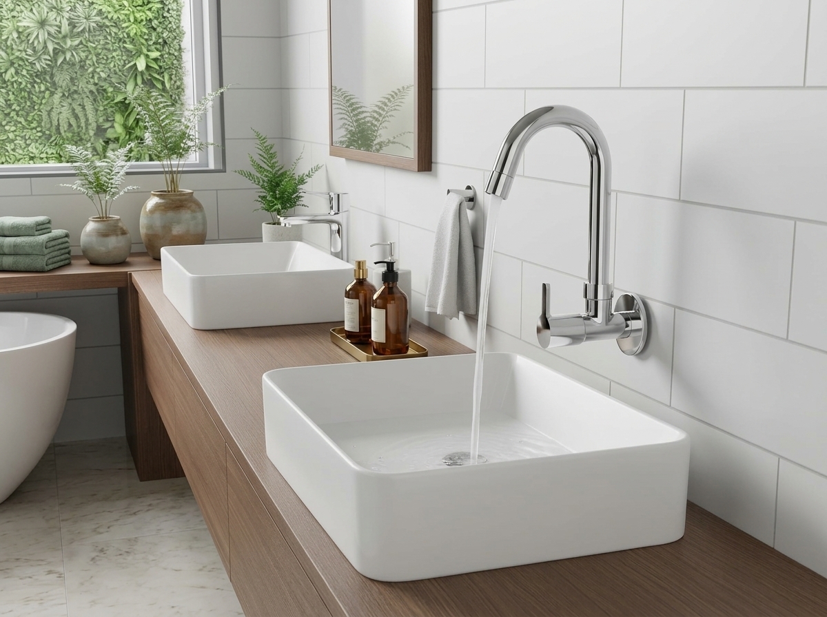 Chrome wall mounted faucet pouring water into a white square vessel sink on a wooden vanity