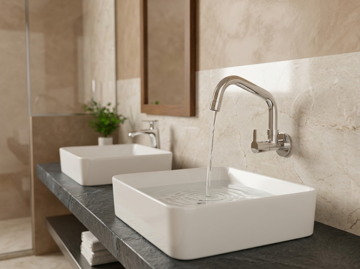 Wall mounted chrome faucet pouring water into a white square vessel sink on a dark stone countertop
