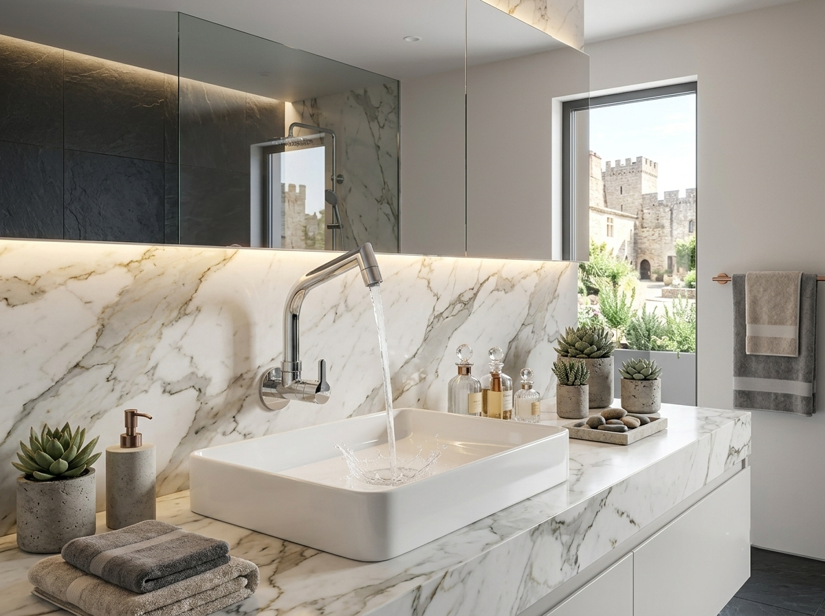 Modern bathroom vanity with marble countertop white sink and chrome faucet with running water