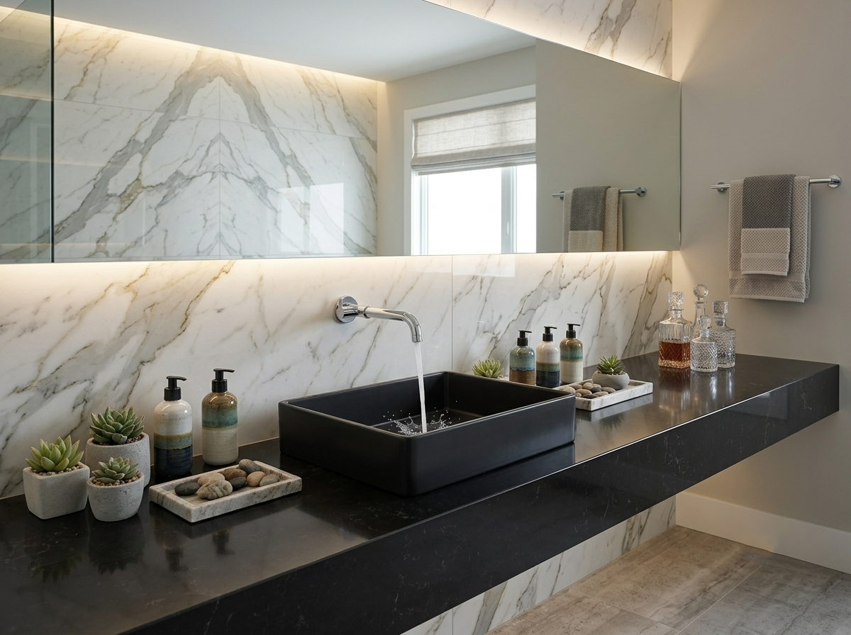 Black rectangular bathroom sink with running water on a dark countertop against a marble wall