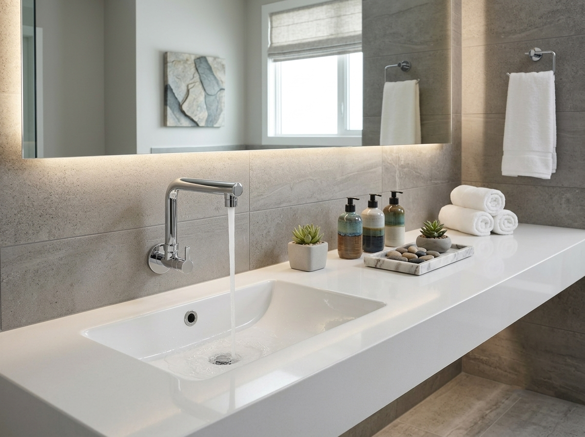 Chrome wall mounted faucet over white bathroom sink with soap dispensers and rolled towels on stone countertop