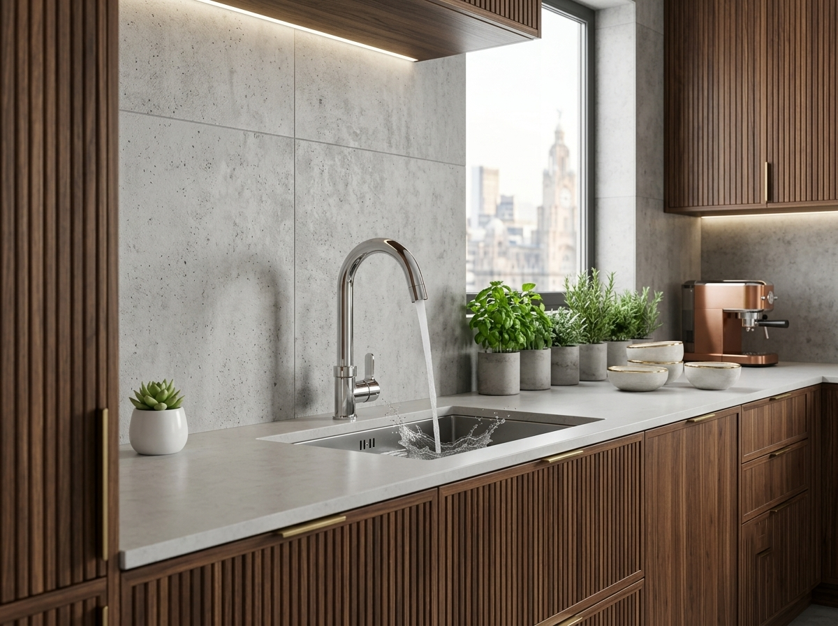 Modern kitchen sink with chrome faucet running water into basin surrounded by potted herbs and wooden cabinets