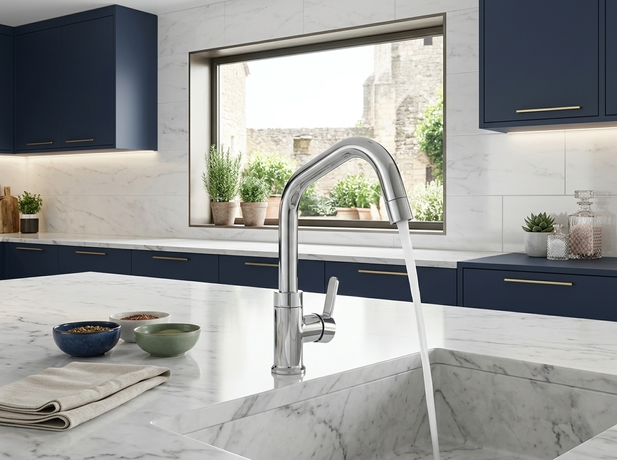 Chrome kitchen faucet with running water over a marble countertop and sink