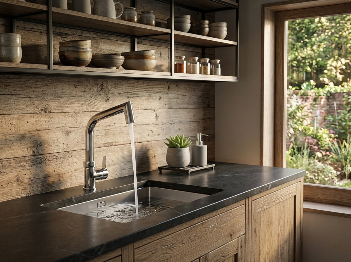 Kitchen sink with running water faucet and wooden shelving