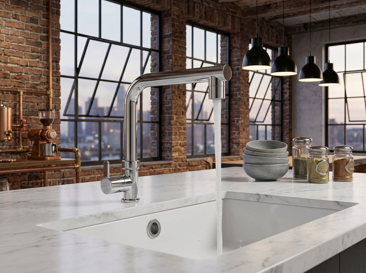 Chrome kitchen faucet running water into a white marble sink in an industrial style kitchen