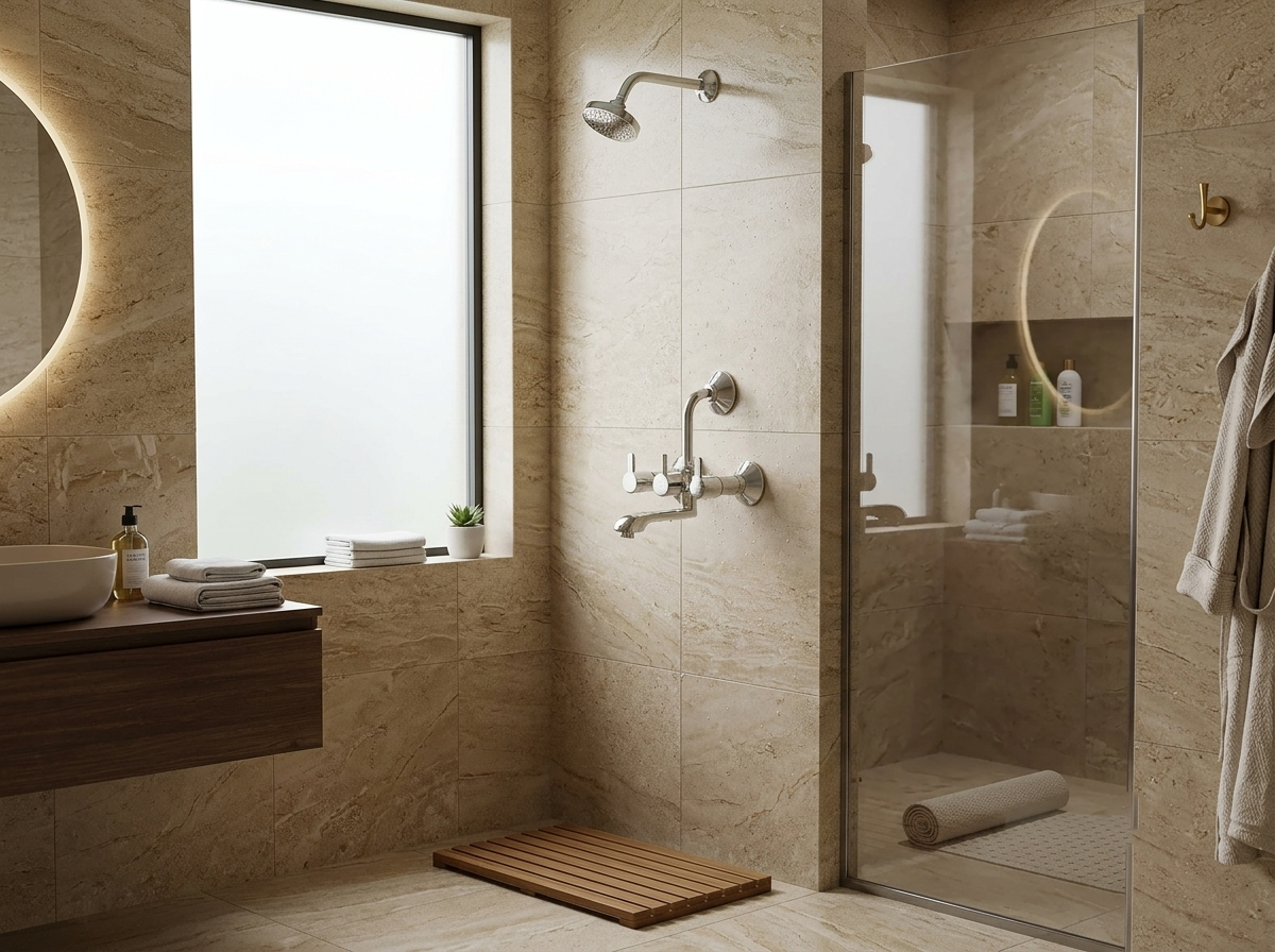 Modern bathroom with beige stone tiles, glass shower enclosure, wooden floor mat, and wall mounted shower fixtures