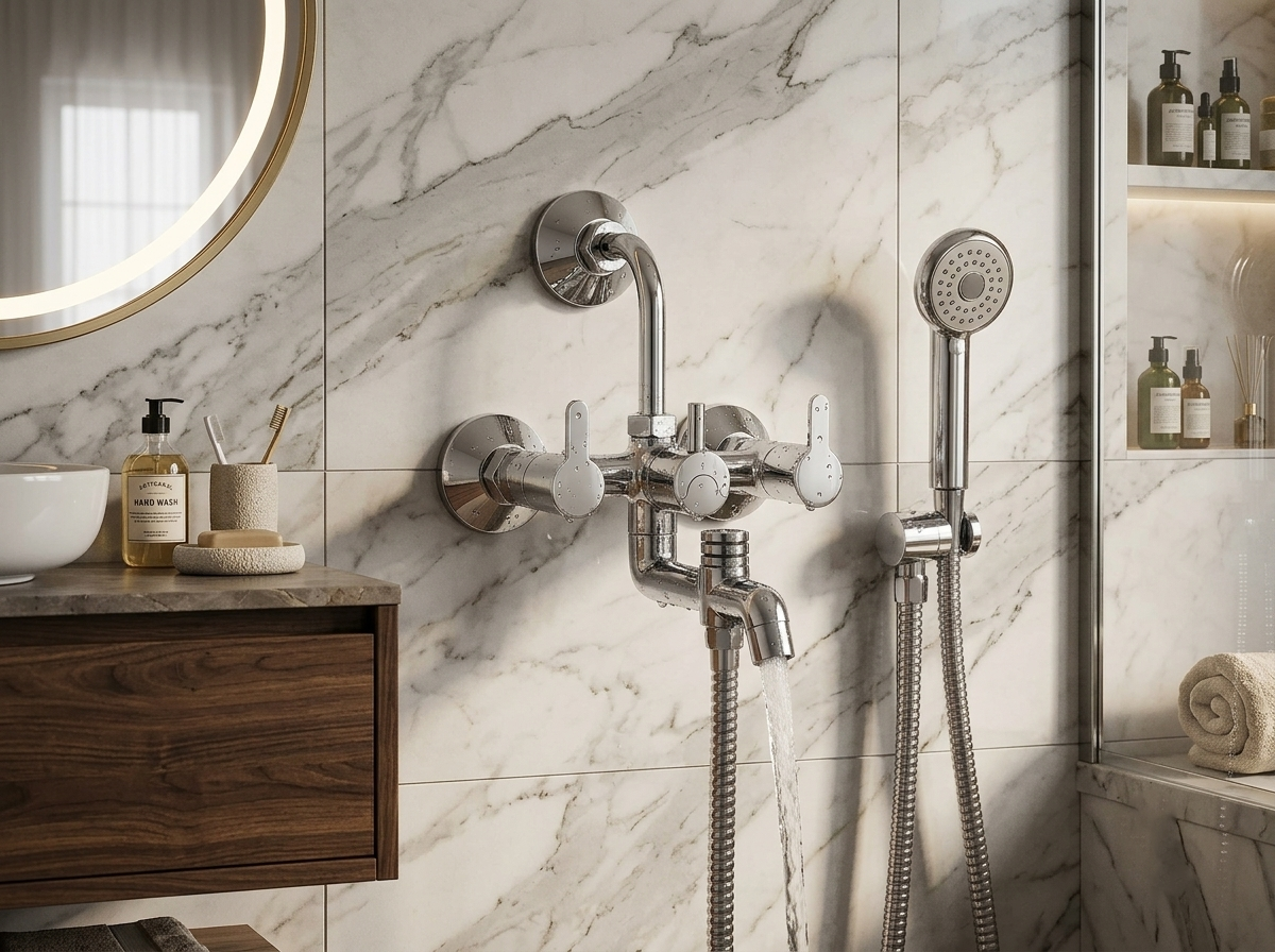 Chrome wall mounted bathtub faucet with handheld shower head on marble tiled wall
