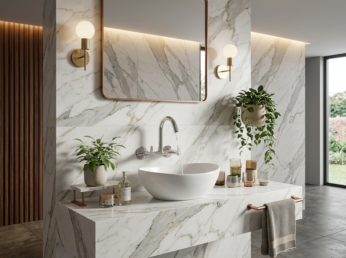 White marble bathroom vanity with vessel sink and wall mounted faucet