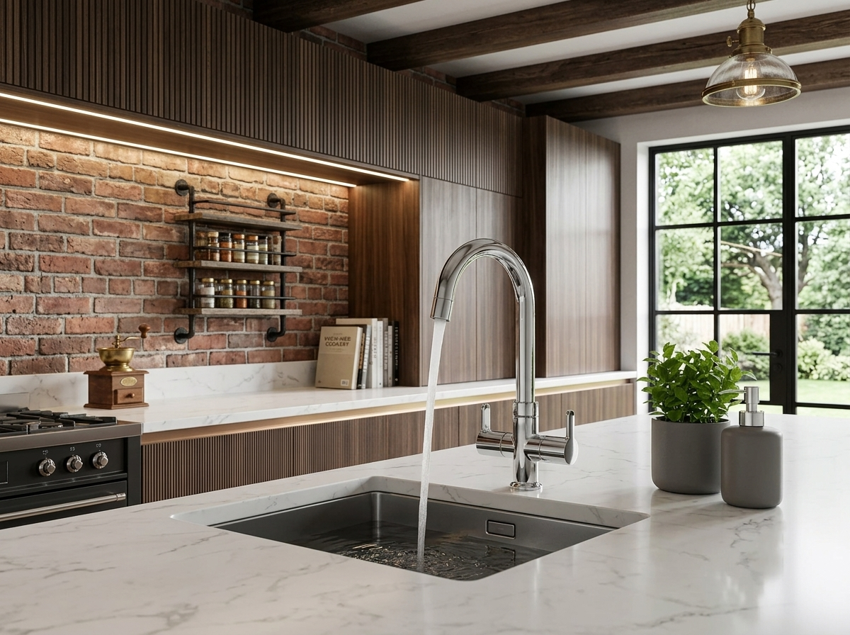 Chrome kitchen faucet running water into a marble countertop sink