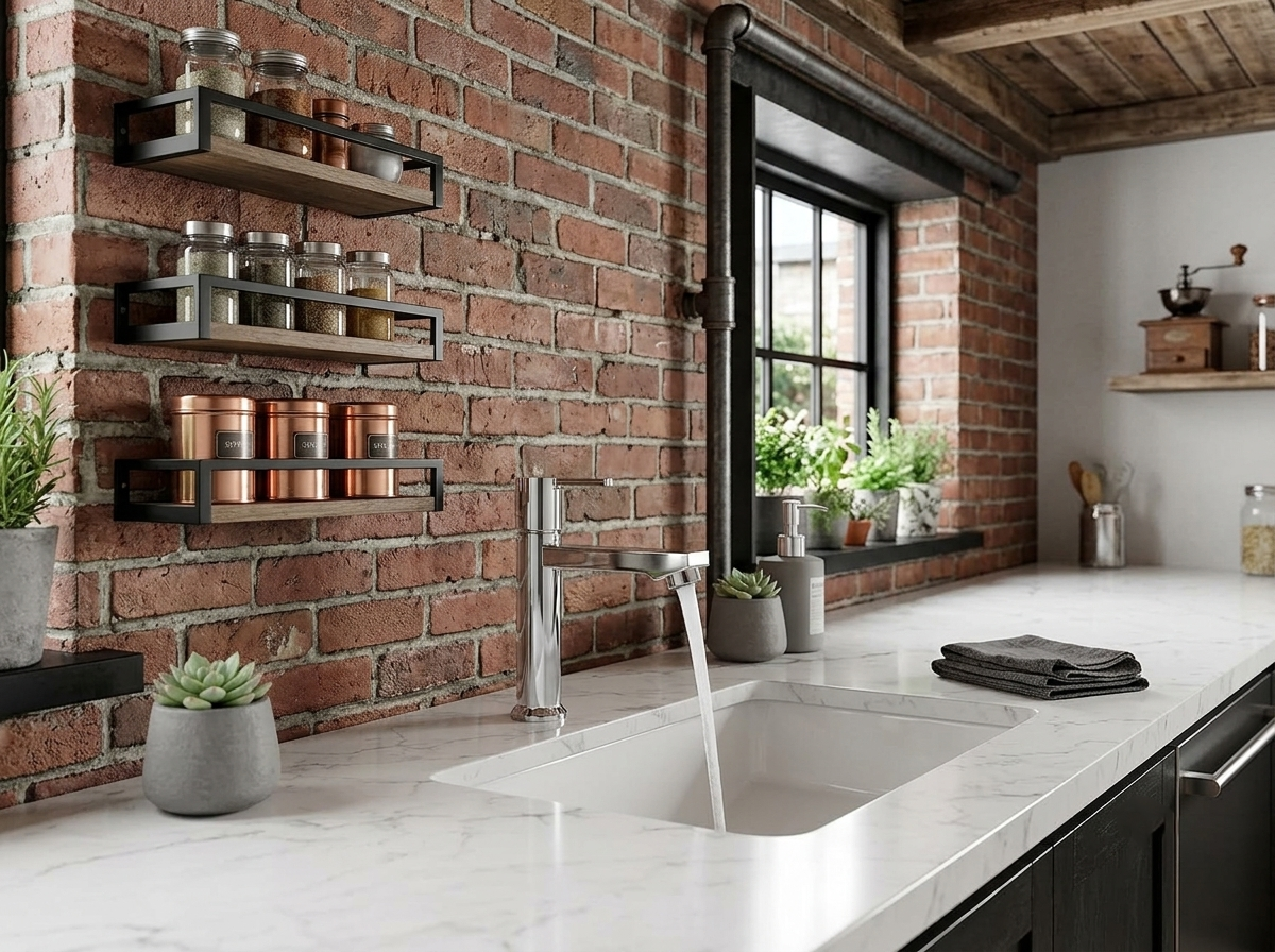Kitchen sink with marble countertop and wall mounted spice racks on exposed brick wall