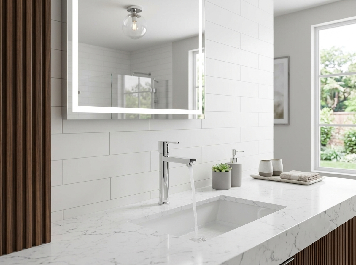 Chrome bathroom faucet running water into a marble countertop sink with a backlit mirror