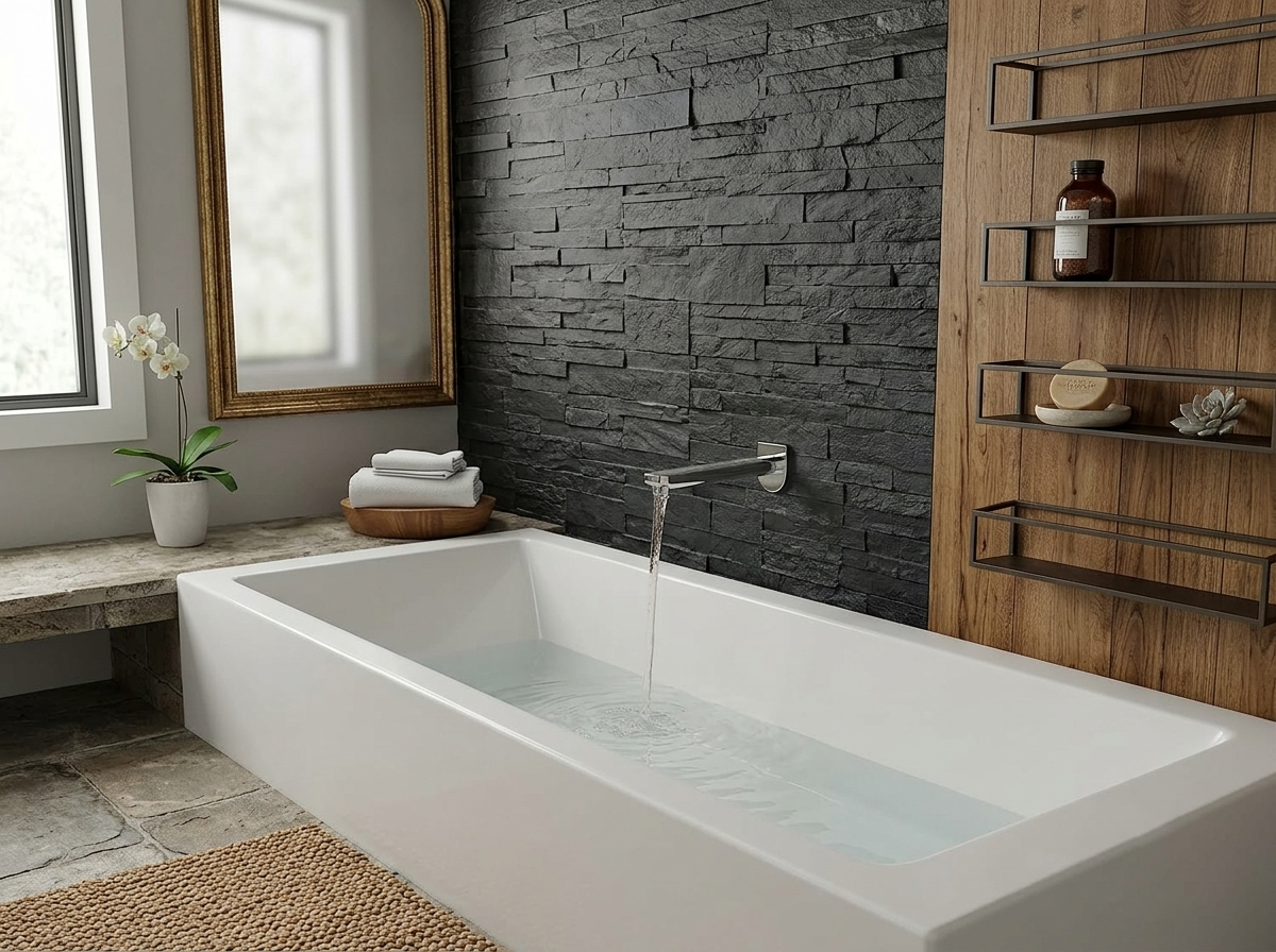 White rectangular bathtub with wall mounted faucet filling with water against a black stone tile wall