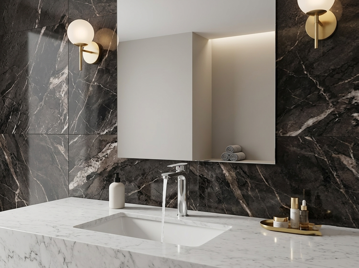 Bathroom vanity with white marble countertop, chrome faucet, and dark marble wall tiles