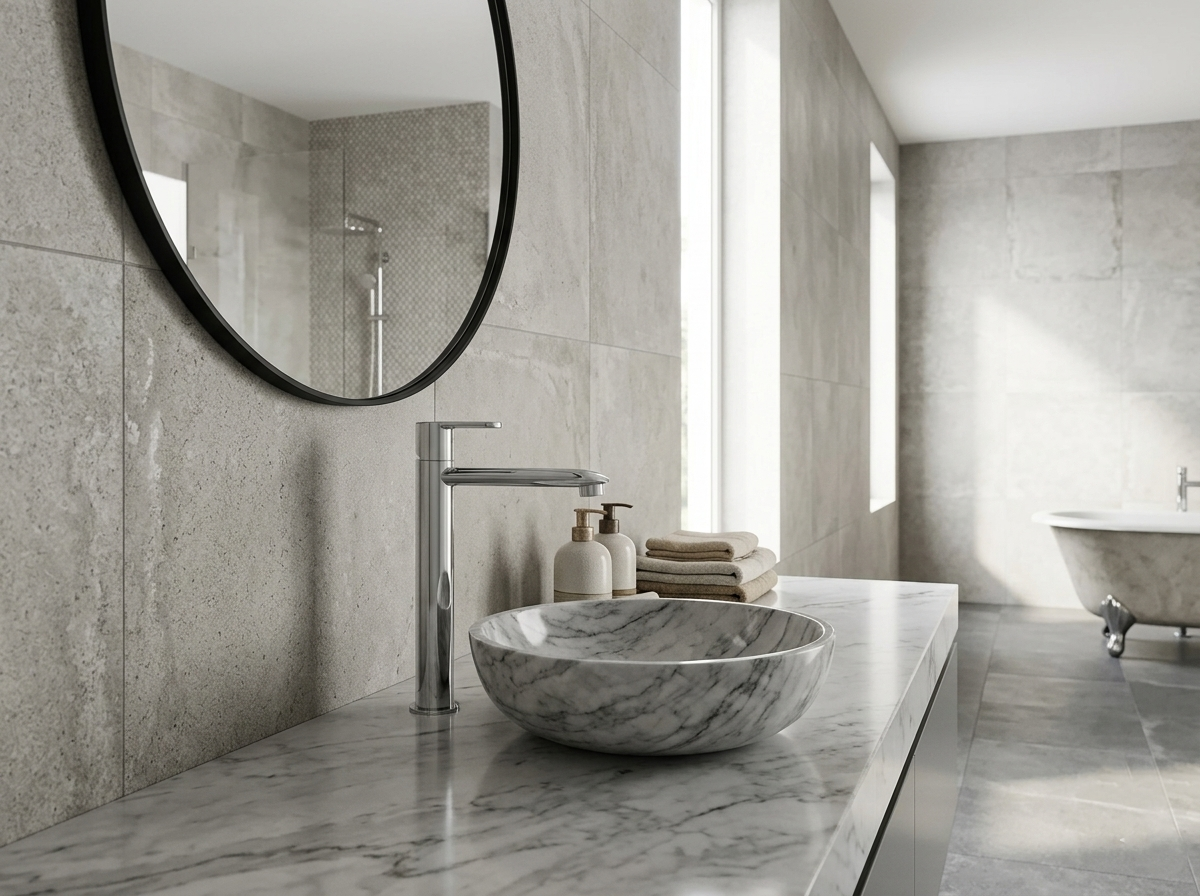 Marble vessel sink with chrome faucet on marble countertop in modern bathroom