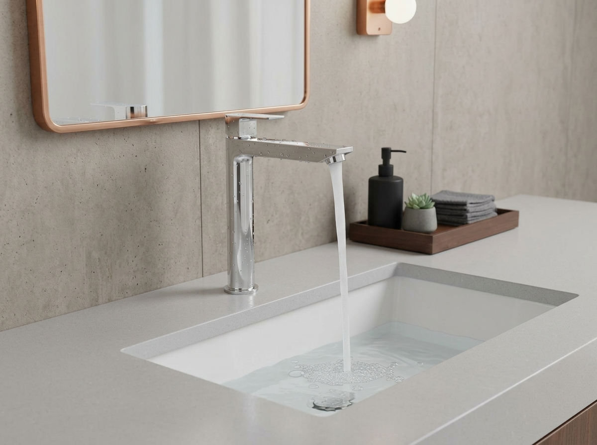 Chrome bathroom faucet with running water over a white sink basin