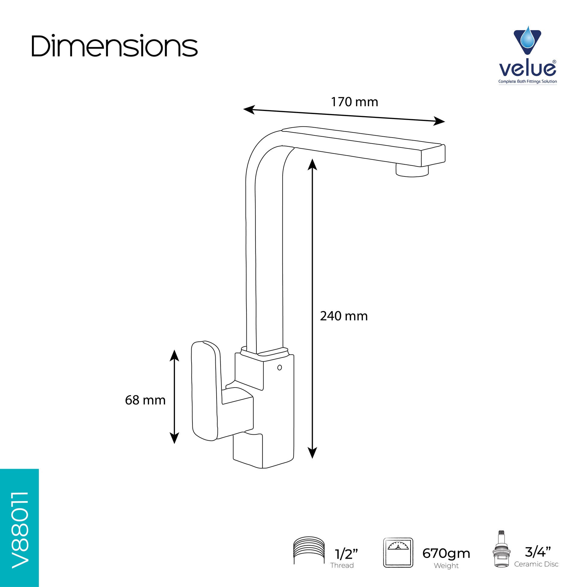 Velue  Kubix Square Swan Neck Faucet with 360° Swivel Spout - Velue Complete Bath Fitting Solutions Bannglore India