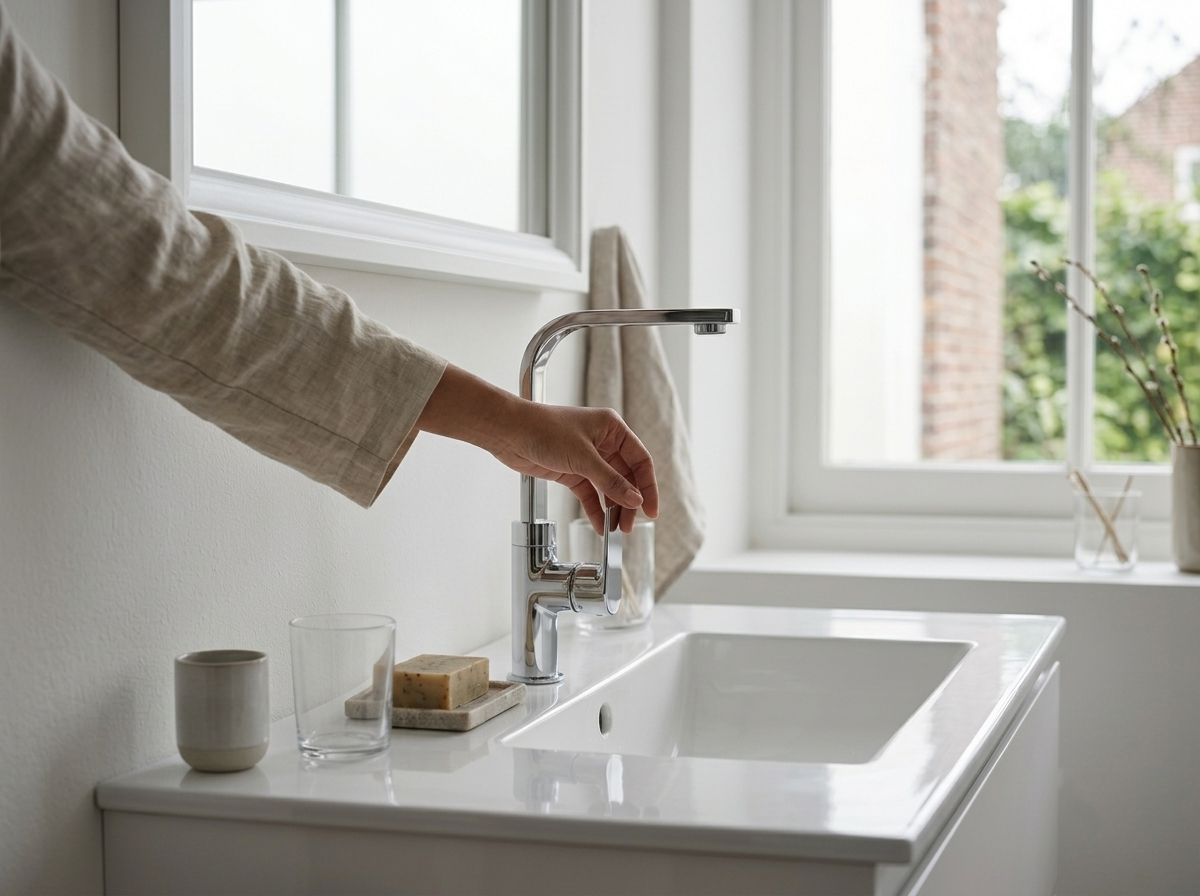 Hand reaching to turn on a chrome bathroom faucet over a white sink