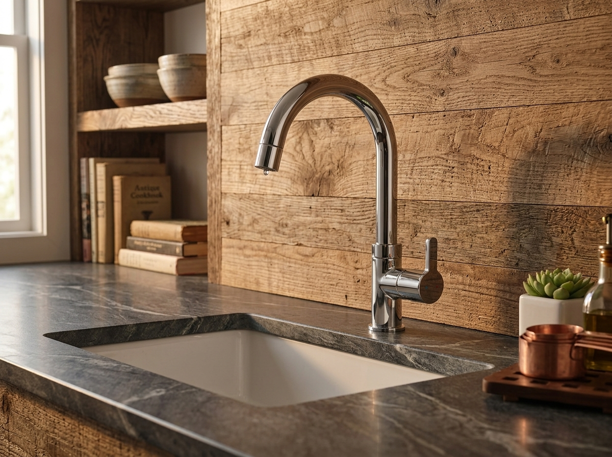 Chrome kitchen faucet with a single handle over a dark stone countertop and white sink