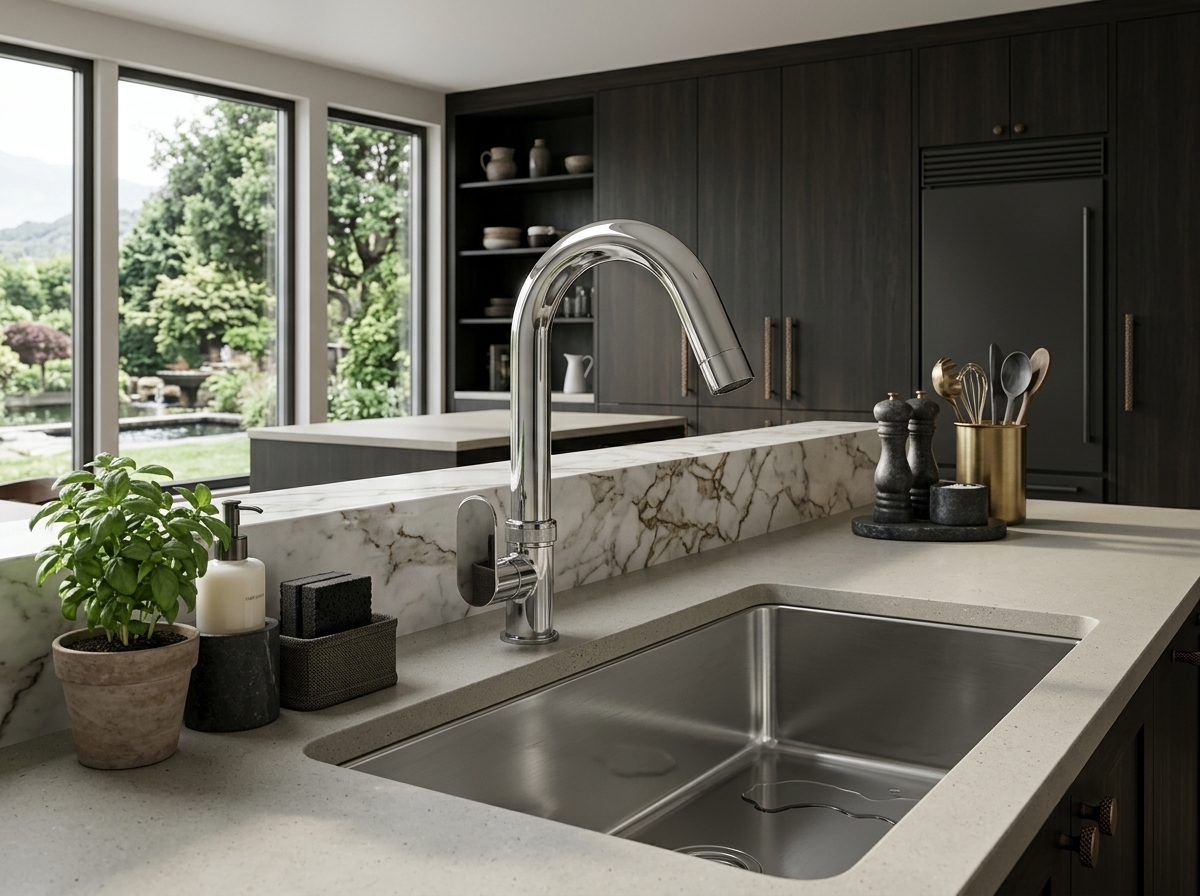 Chrome kitchen faucet with a high arc spout installed on a marble countertop with a stainless steel sink
