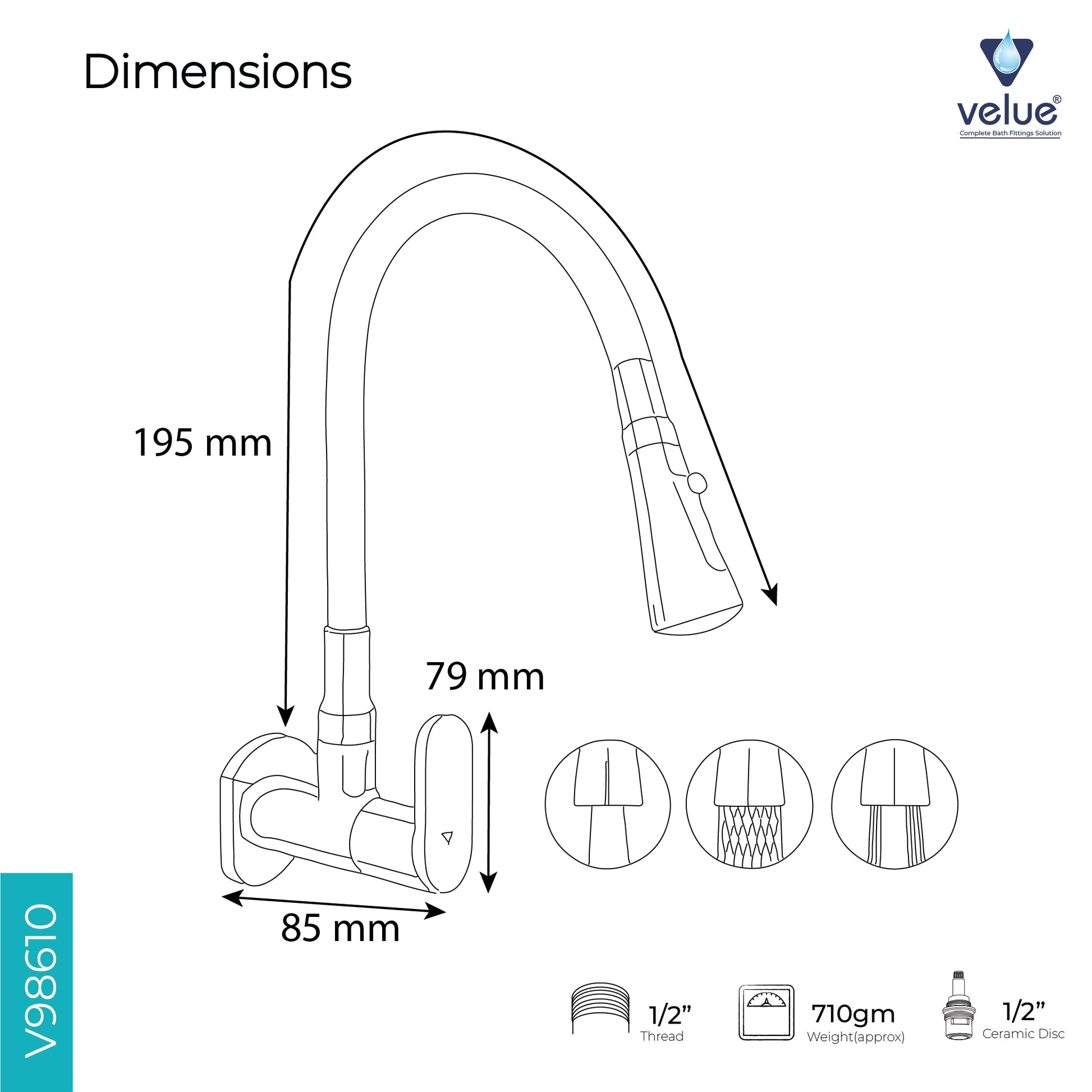 Velue  Fynix Flexible Sink Faucet with Three Flow Mode | Deck Mounted - Velue Complete Bath Fitting Solutions Bannglore India