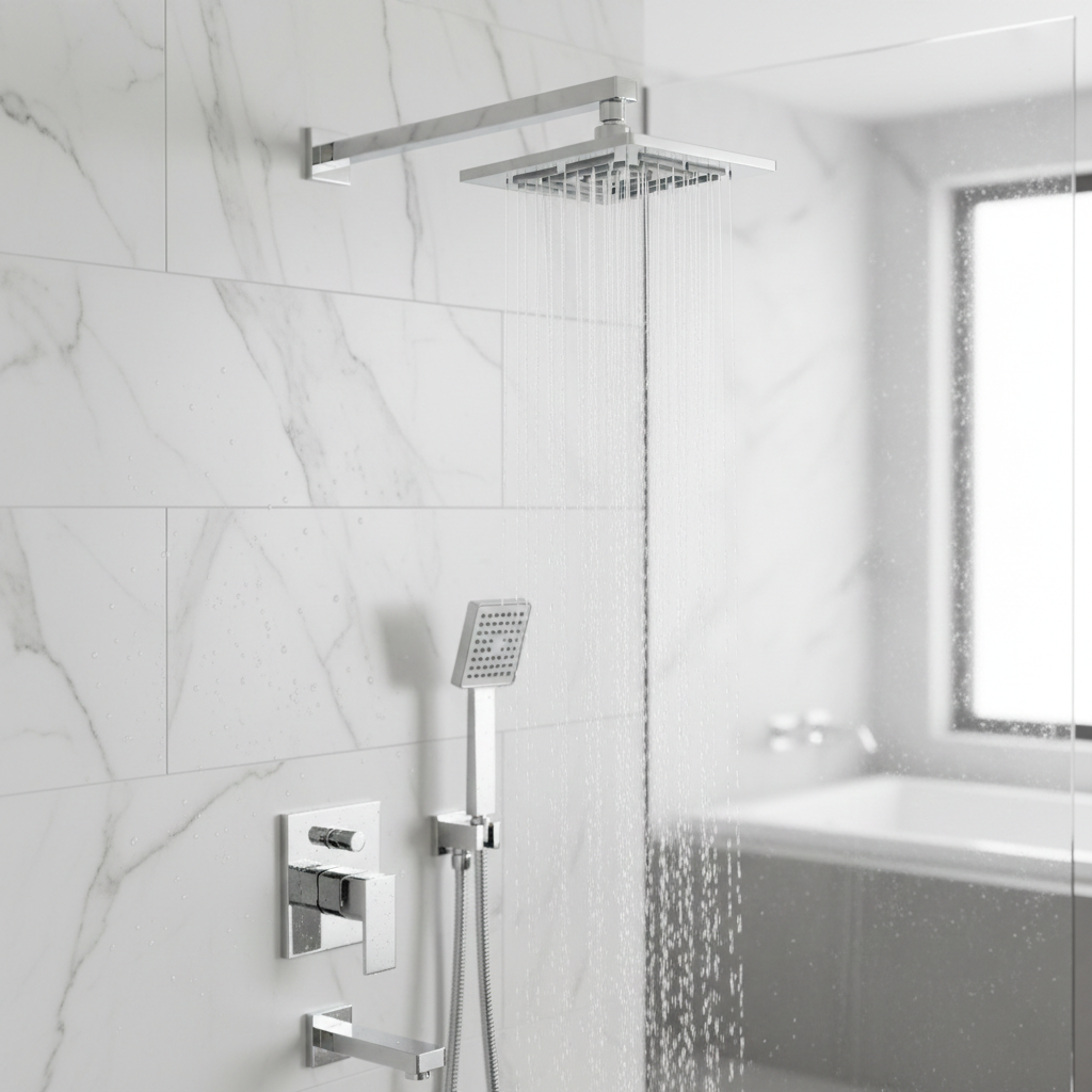 Chrome shower head on a white background