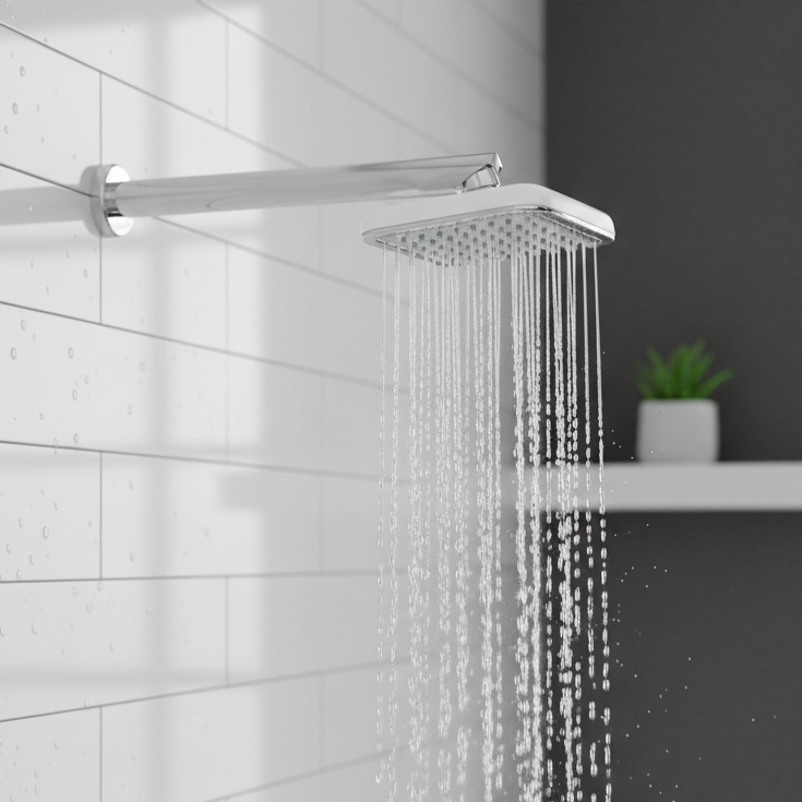 Shower head with water flowing in a bathroom setting