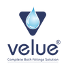 Velue logo with a blue water droplet on a white background